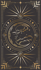 Wall Mural - Vector mystical crescent with a sleeping face, clouds and stars on a black background. Cover for tarot card with a golden moon and ornate frame in retro style. Dark illustration stylized as engraving