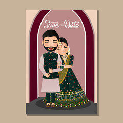Canvas Print -  Wedding invitation card the bride and groom cute couple in traditional indian dress cartoon character
