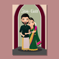 Wall Mural -  Wedding invitation card the bride and groom cute couple in traditional indian dress cartoon character