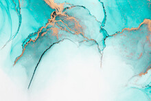 Ocean Blue Abstract Background Of Marble Liquid Ink Art Painting On Paper . Image Of Original Artwork Watercolor Alcohol Ink Paint On High Quality Paper Texture .