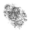Monochrome Tiger with Rose Flowers