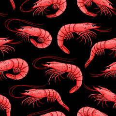 Poster - Seafood seamless pattern with red shrimps on a black background