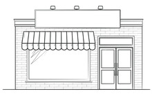 Drawing Of Classic Shop Building - Black And White Illustration