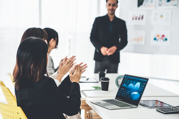Poster - businesswoman in business meeting using laptop computer proficiently at office for marketing data an