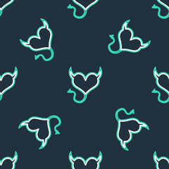 Poster - Line Devil heart with horns and a tail icon isolated seamless pattern on black background. Valentines Day symbol. Vector