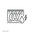 hydroelectric power plant icon, modern hydropower, dam outline,  water energy, electricity water turbine, thin line symbol - editable stroke vector illustration