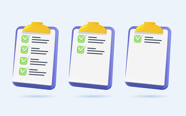 Task management check list, efficient work, project plan, fast progress, level up concept, assignment and exam, productivity solution icon. 3d vector illustration. 3D free to edit, isolated on white.