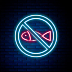 Canvas Print - Glowing neon line No fishing icon isolated on brick wall background. Prohibition sign. Colorful outline concept. Vector