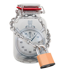 Poster - stopwatch inside glass jar with chain and padlock. 3d rendering