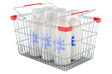 Poster - package of glass milk bottles inside shopping basket. 3d rendering