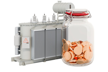 Poster - transformer oil with glass jar full of golden coins, 3d rendering