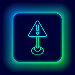 Poster - Glowing neon line Exclamation mark in triangle icon isolated on black background. Hazard warning sign, careful, attention, danger warning important sign. Colorful outline concept. Vector