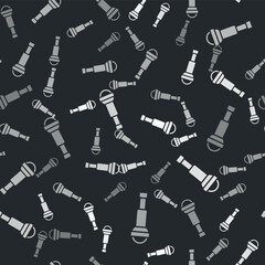 Grey Spyglass telescope lens icon isolated seamless pattern on black background. Sailor spyglass. Vector