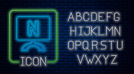 Wall Mural - Glowing neon Smart Tv icon isolated on brick wall background. Television sign. Neon light alphabet. Vector