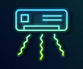 Poster - Glowing neon line Air conditioner icon isolated on black background. Split system air conditioning. Cool and cold climate control system. Vector