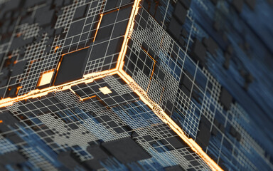 Canvas Print - Cubes and materials, circuits and Lines, 3d rendering.