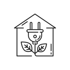 Sticker - House with renewable alternative energy sources isolated thin line icon. Vector green home with plant plug shape, eco friendly building, outlet with leaf. Modern architecture electric plug with leaves