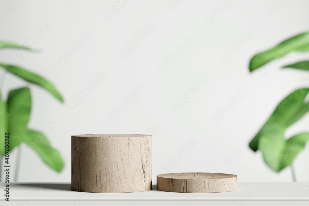 Wooden product display podium with nature leaves on white background ...