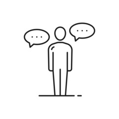 Fototapete - Person with chat bubbles isolated thin line icon. Vector outline man with dialogue balloons, communication online, chat and message sign. Man or woman with new idea sign, conference or forum