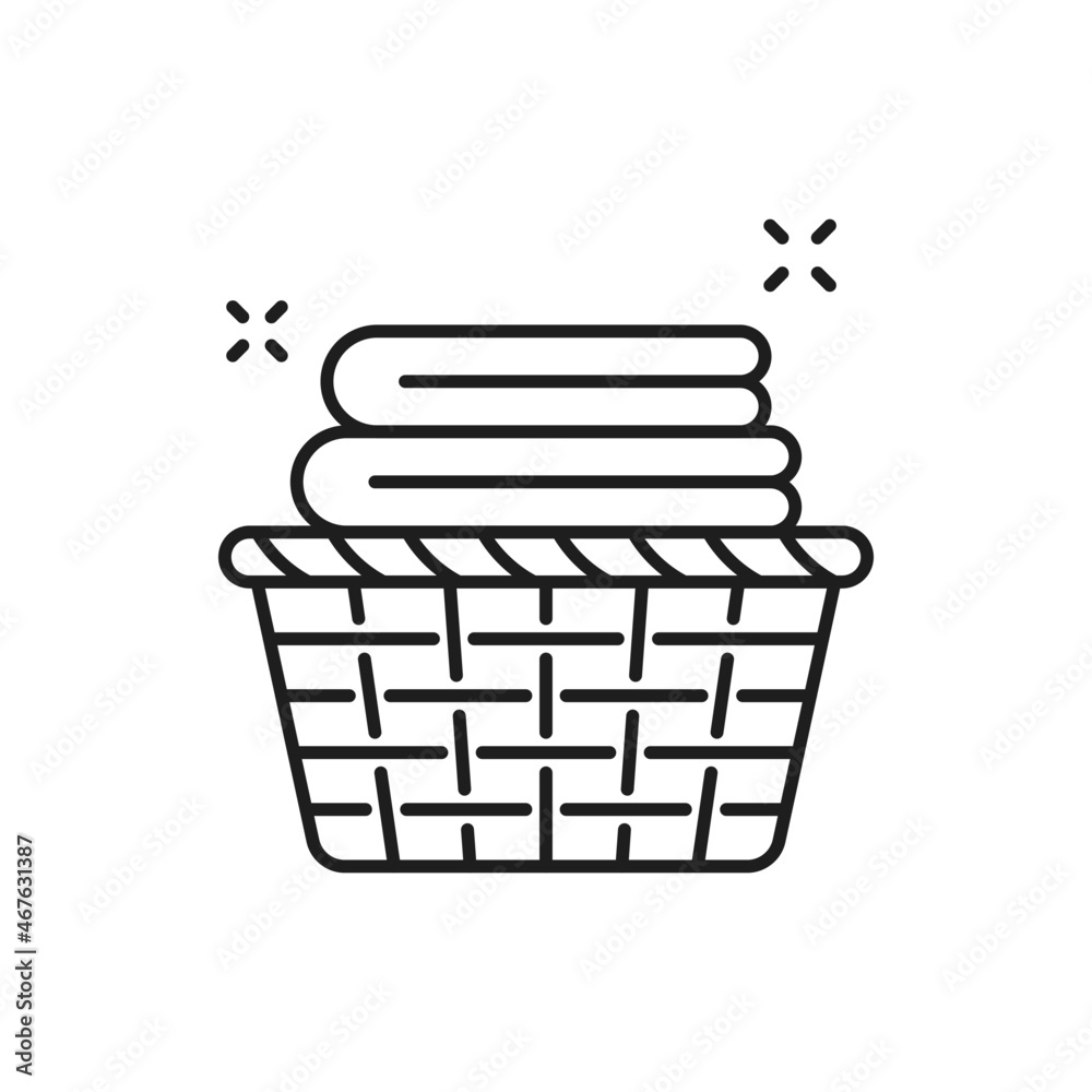 Laundry basket with towels isolated thin line icon. Vector stack of folded  and rolled cloth for washing and cleaning, wicker basket with clean cotton  towels. Spa and bathroom objects, toiletries Stock Vector |, image size:1000x1000