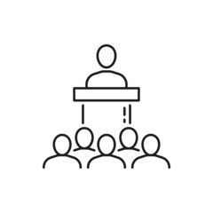 Poster - Politician speaking on tribune in front of people isolated thin line icon. Vector business meeting or conference, boss speaking on stage, brainstorming and cooperation, interviewing, recruitment