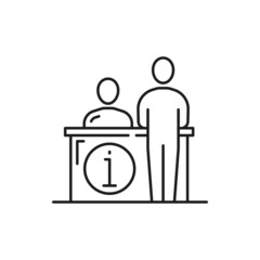 Poster - Bank cashier behind cash department window isolated thin line icon. Vector customer support, person assistance help board, support center worker, computer operator ready to help, instruction guide