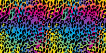 Rainbow Leopard Seamless Pattern. Colorful Neon Vector Background. Gradient Wallpaper.