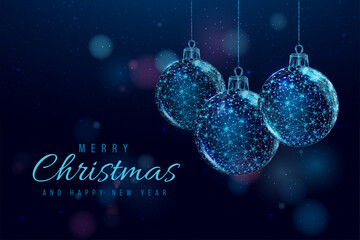 Wall Mural - Wireframe Christmas balls, low poly style. Merry Christmas and New Year banner. Abstract modern 3d vector illustration on blue background.