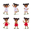 © Tenstudio - little African girl with hands and legs gestures in different standing poses, such as raising hands, waving, hand on the hip, crossed arm and standing with one leg.