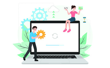 Fototapete - IT administrator with software upgrade process on laptop. Digital system device administration, network upkeeping, computer systems configuration concept. System maintenance application vector.