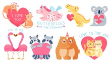 Valentines Day Animal Couples. Cute Unicorn With Butterflies, Cats, Bears, Koala And Flamingo In Love. Cartoon Animals Hold Heart Vector Set