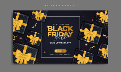 Wall Mural - black friday sale social media banner or poster template design with realistic gift box and ribbon. 