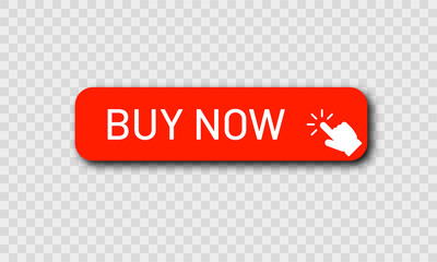 Poster - buy now red button with clicking hand pointer isolated on transparent background