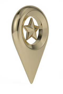Gold star  and map point isolated on white background. 3D rendering. 3D illustration.