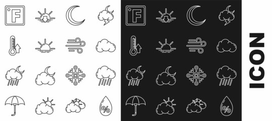 Wall Mural - Set line Water drop percentage, Cloud with rain, Moon and stars, Sunrise, Thermometer, Fahrenheit and Wind icon. Vector