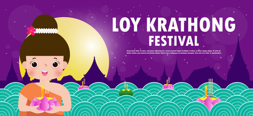 Wall Mural - Loy Krathong Festival banner concept with cute thai female in National costume holding krathong in full moon night and lanterns Celebration and Culture of Thailand poster template background Vector
