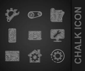 Poster - Set Laptop and gear, House with, Gear arrows as workflow, Location wrench spanner, Browser setting, Setting smartphone, Graphing paper pencil and Wrench icon. Vector