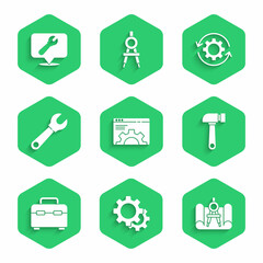 Poster - Set Browser setting, Gear, Graphing paper and compass, Hammer, Toolbox, Wrench spanner, arrows workflow and Location with wrench icon. Vector
