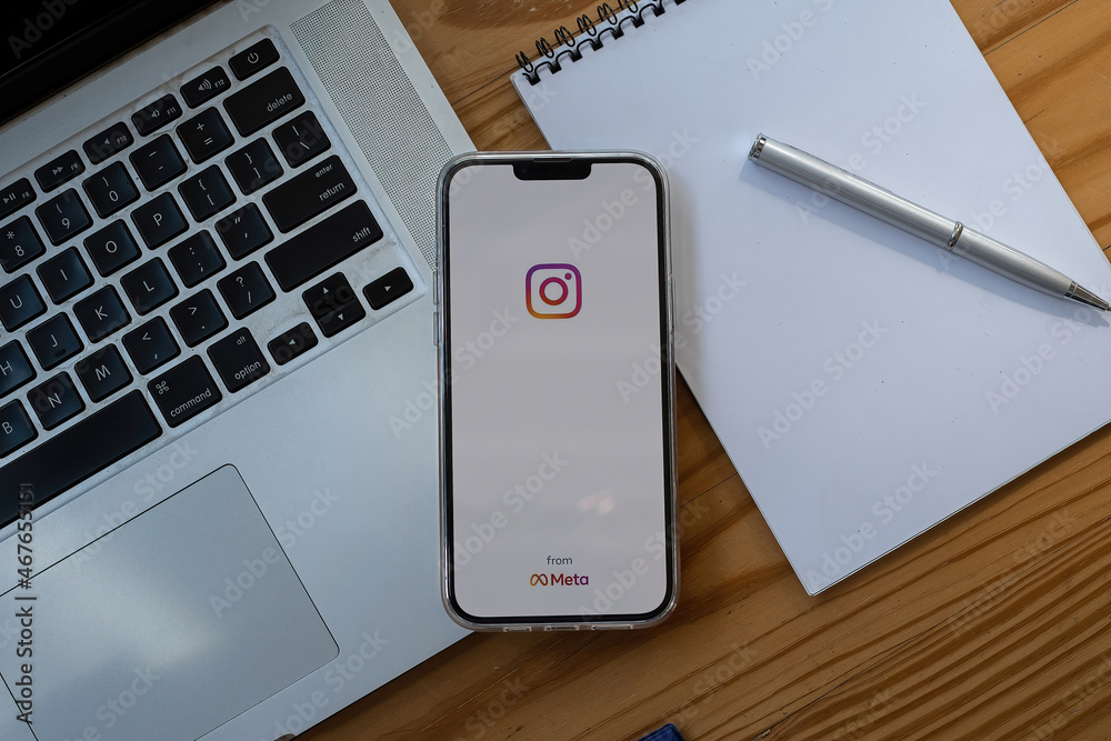 CHIANG MAI, THAILAND - NOV 07, 2021: iPhone 13 Pro Max with logo of instagram from meta. Instagram reels for making short videos and story.