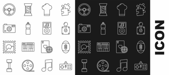 Wall Mural - Set line Gamepad, American Football ball, Joystick for arcade machine, Chef hat, Fitness shaker, Photo camera, Steering wheel and Music player icon. Vector