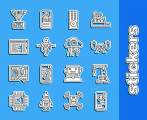 Sticker - Set line Bot, Assembly line, Drone flying with action camera, Remote control, Robot, Software, web developer programming code, aerial drone and Internet things icon. Vector