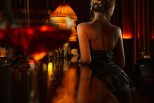 Back Of Elegant Lady In Black Shiny Evening Dress Staing Near Bar Counter