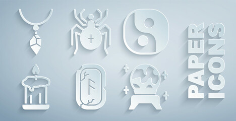 Wall Mural - Set Magic runes, Yin Yang, Burning candle, ball, Spider and Necklace with crystal icon. Vector