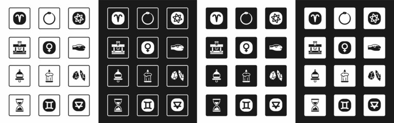 Wall Mural - Set Tarot cards, Venus, Bottle with potion, Aries zodiac, Snake, Ouroboros, Magic stone and Ringing alarm bell icon. Vector