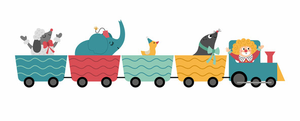  Vector train with circus animals and clown. Amusement holiday icon. Cute funny festival locomotive with characters. Street show comedians illustration with elephant, sea lion, poodle.