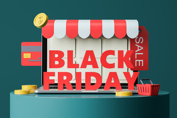Poster - Black friday promotion banner with laptop, coins, customers cart, sale