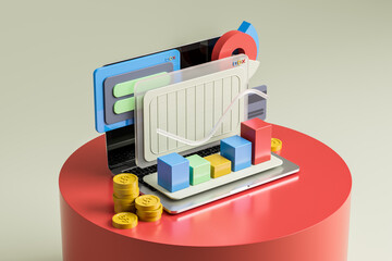 Poster - corner view of abstract colourful laptop with financial symbols on beige background