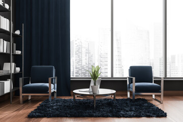 Panoramic living room with two blue armchairs