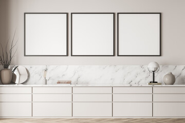 Wall Mural - Three empty canvases on white corridor wall