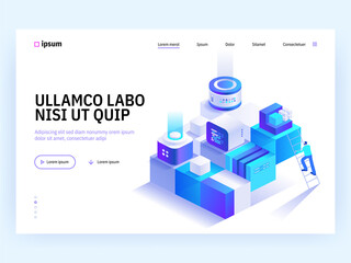 Poster - Blockchain Ecosystem and Digital Asset Exchange concept landing page. Cryptocurrency mining farm, data analysis, online payment. Vector illustration of people isometry scene for web banner